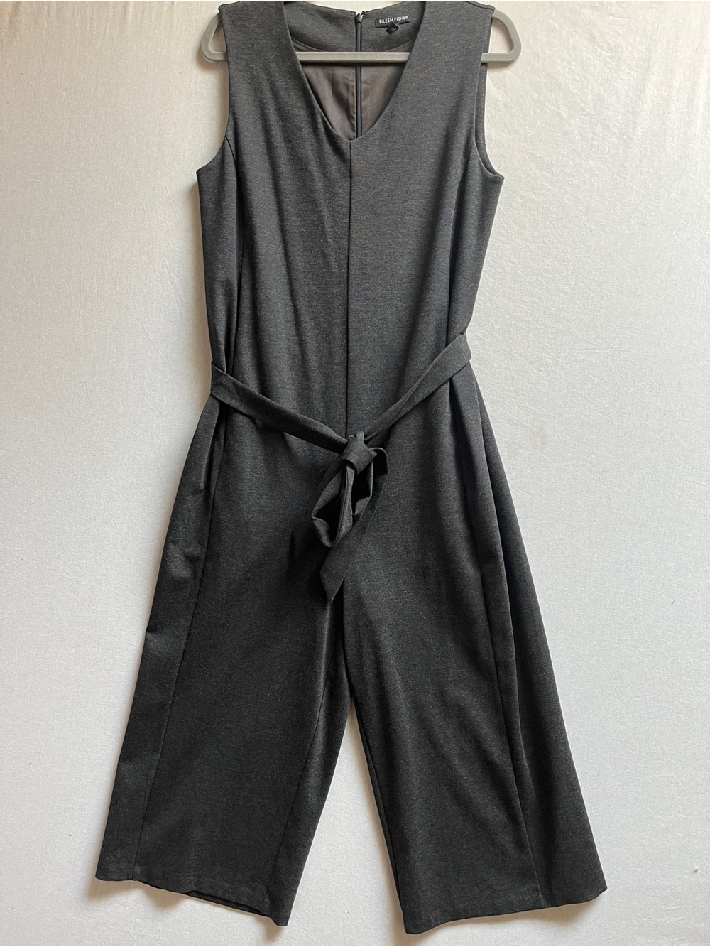 Eileen Fisher Sleeveless Wide Leg Jumpsuit Gray V-Neck Belted Cropped S